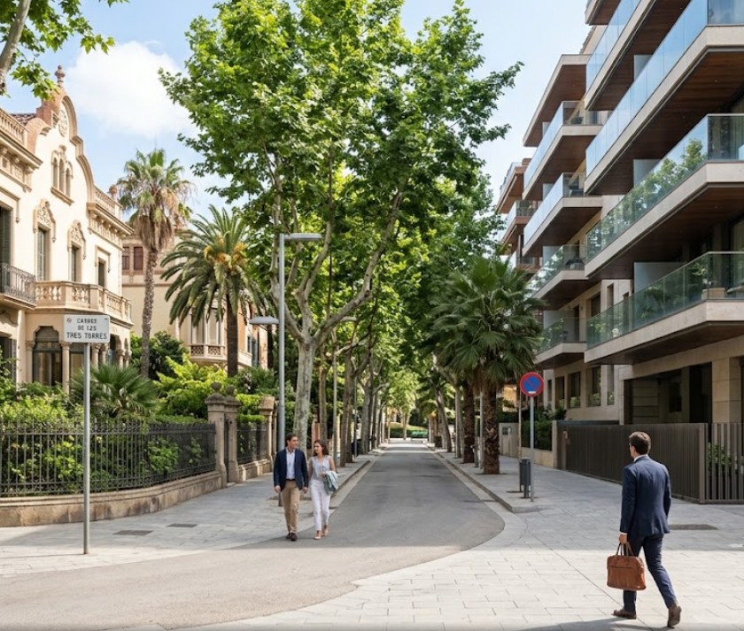 Vistas de las calles tranquilas, zonas residenciales exclusivas y arquitectura elegante en Les Tres Torres, Barcelona